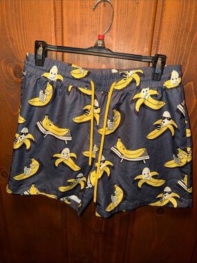 SHEIN Navy Swim Trunks with Yellow Banana Pattern